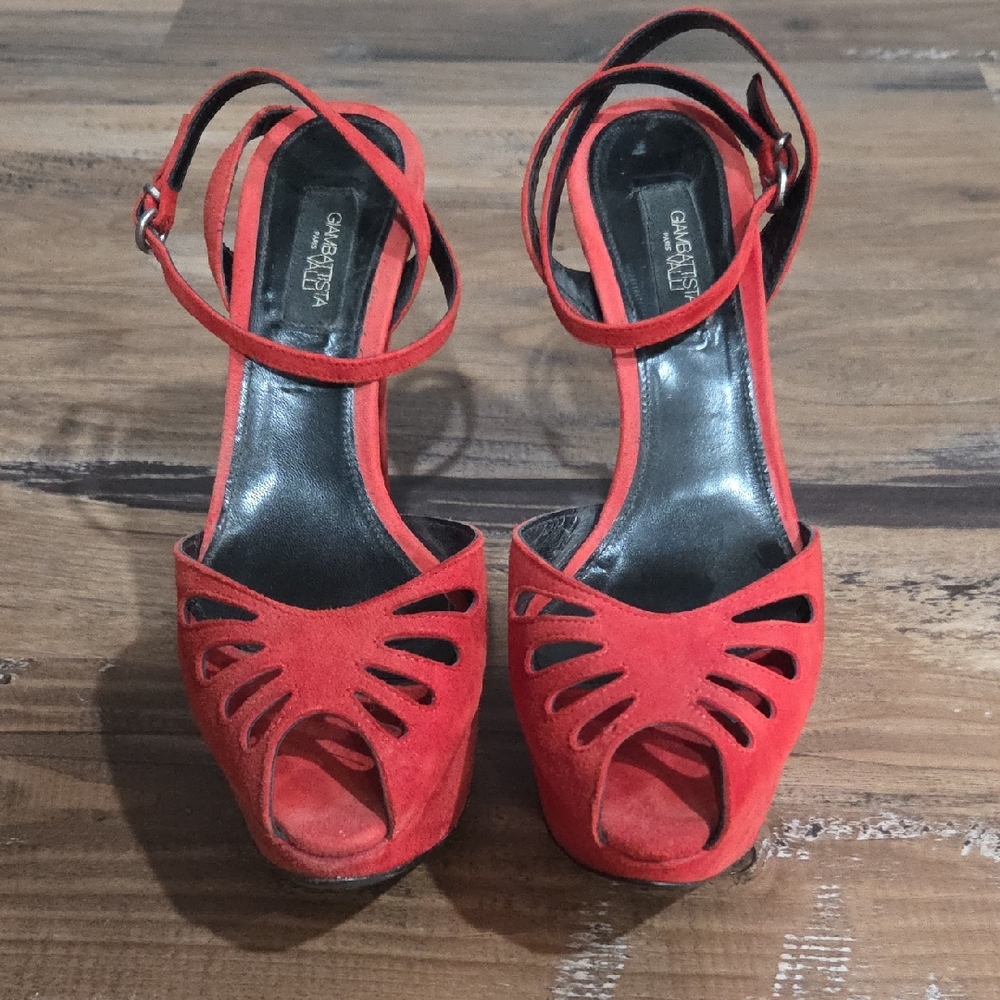 Red Suede Peep-Toe Platform Sandals with Ankle Strap